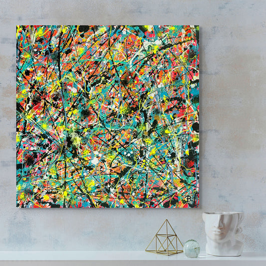 'Labyrinth' (2023) original, textured abstract painting on square canvas in darks , brights and neon colours. Hand painted by Abstract Artist, Bridget Bradley