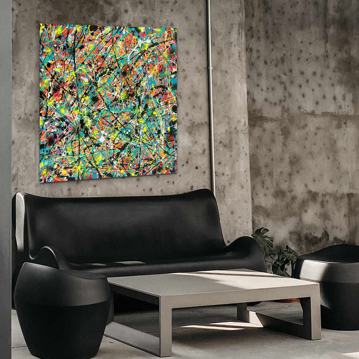 'Labyrinth' (2023) by Bridget Bradley, original abstract painting in situ hanging on concrete wall above black sofa. In bright, dark and neon colours.