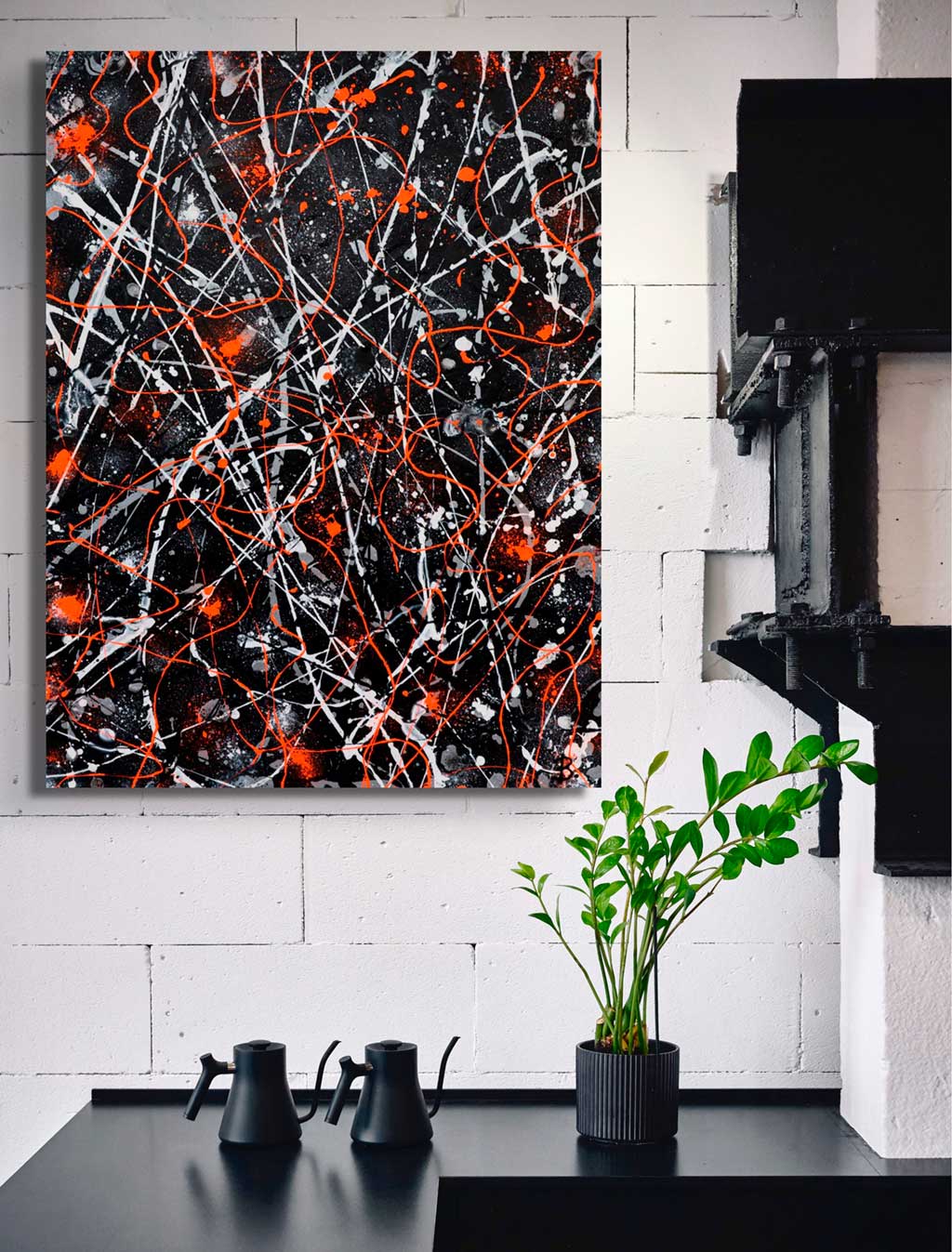 'Lava' original abstract painting on canvas seen hanging in modern kitchen. Painted by Bridget Bradley. A bold, textural  abstract.