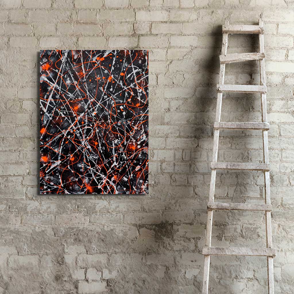 'Lava' original abstract expressionism painting on premium canvas by Bridget Bradley Seen hanging in situ on brick wall by wooden ladder. A heavy texture artwork in bold colours and neon orange action painting.