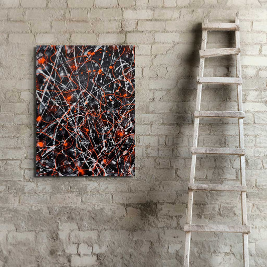 'Lava' original abstract expressionism painting on premium canvas by Bridget Bradley Seen hanging in situ on brick wall by wooden ladder. A heavy texture artwork in bold colours and neon orange action painting.