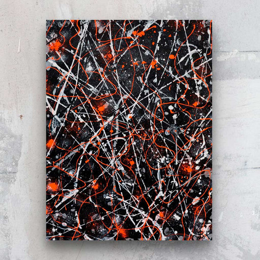 Lava - original abstract expressionism painting on canvas by Bridget Bradley. Bold colour palette of balck, white, metallic silver and neon orange, heavy texture. One of a kind original artwork.