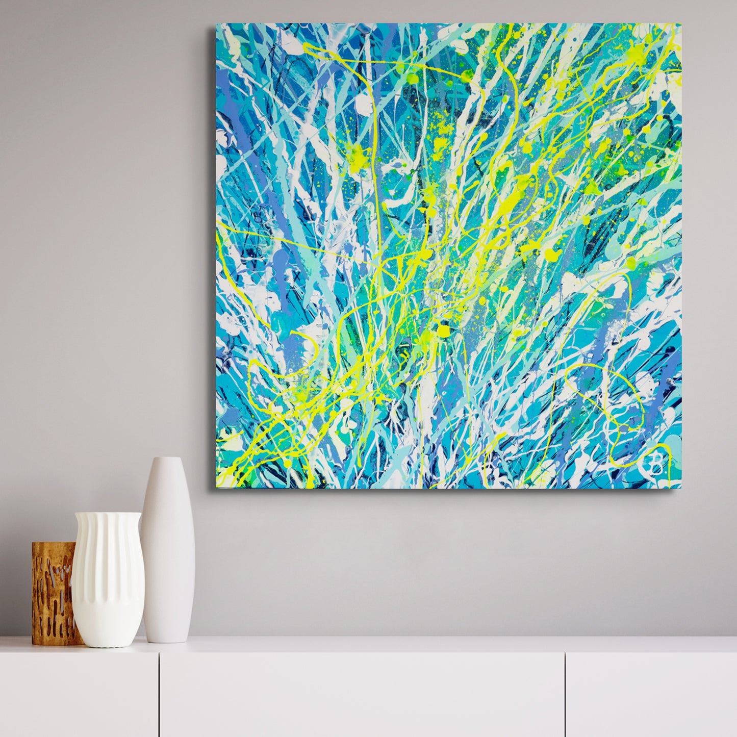 'Luminescence' Original Abstract Expressionism Painting on Canvas seen hanging  above console near vases. Hand painted by Bridget Bradley, Original Abstract Expressionist Artist, Queensland Australia 