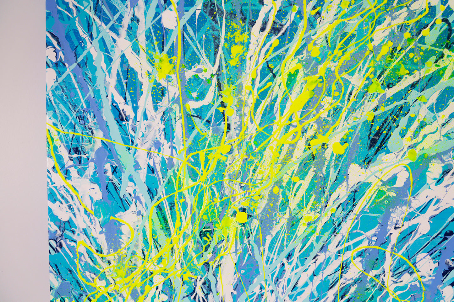 'Luminescence' Original Abstract Painting Closeup. Beautiful blues white and neon yellow represent this bioluminescence inspired artwork. Hand painted on canvas by Bridget Bradley, Abstract Expressionist Artist, Australia