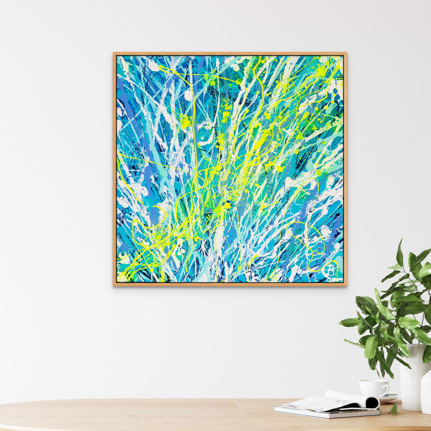 'Luminescence' Original Abstract Textured, Colourful Painting in Situ. Canvas Wall art seen framed in Solid Oak Timber Float Frame. Hand painted original by Bridget Bradley, Abstract Expressionist Artist, Sunshine Coast, Australia