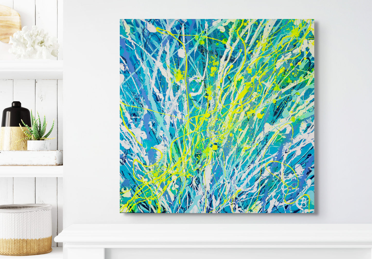 'Luminescence' Original Abstract expressionism Painting on Canvas inspired  by Ocean Life, seen Hanging In Living Room. Hand Painted by Abstract Expressionist Artist, Bridget Bradley