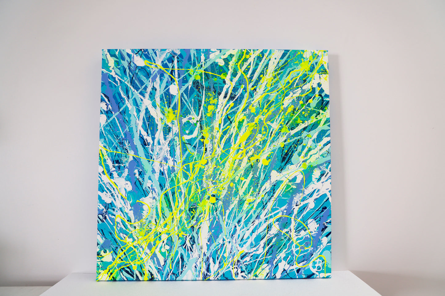 'Luminescence' original Painting on Canvas by Bridget Bradley in bright blues, white and neon yellow. Contemporary Art Australia