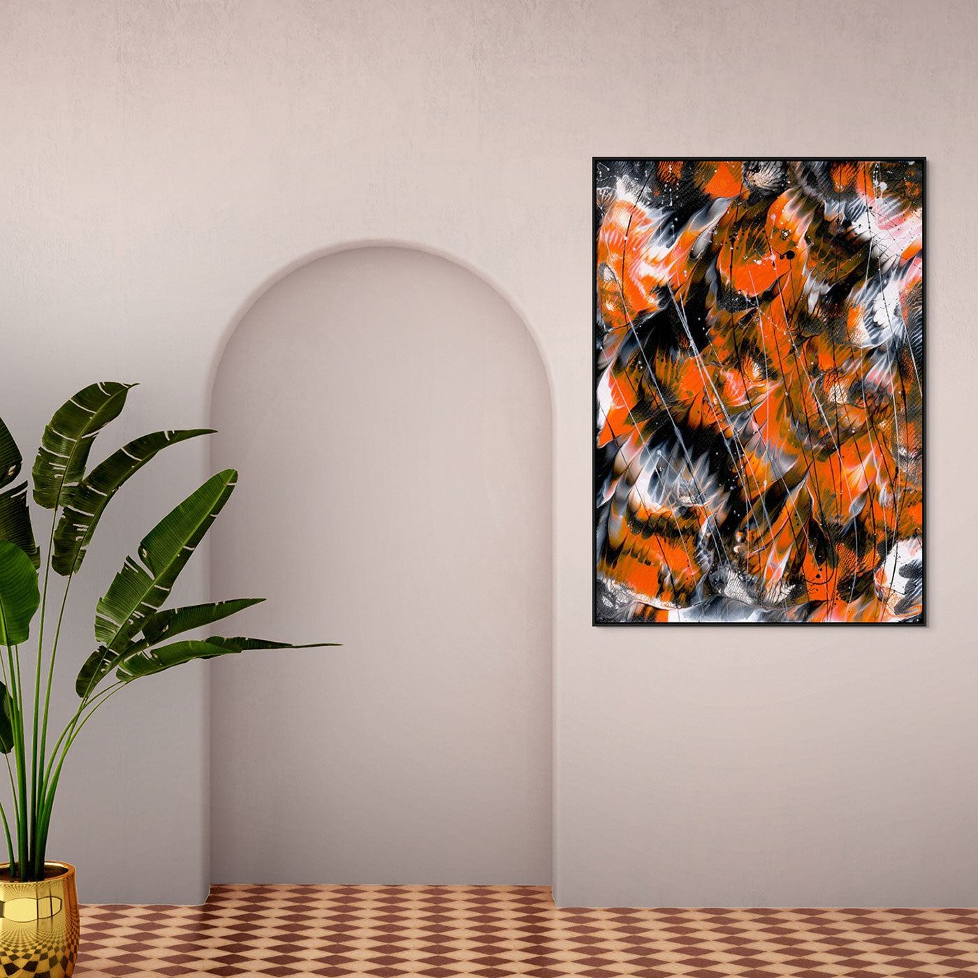 'Monarch 2' Extra Large Canvas Print in Black Float Frame seen hanging in Hallway Near Potplant . After original painting by Contemporary Abstract Artist, Bridget Bradley