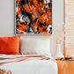'Monarch 1' Canvas Fine Art Print framed in Solid Oak Timber and hanging Above a Bed. After the original abstarct painting , 'Monarch 1, Butterfly Series' by Bridget Bradley.
