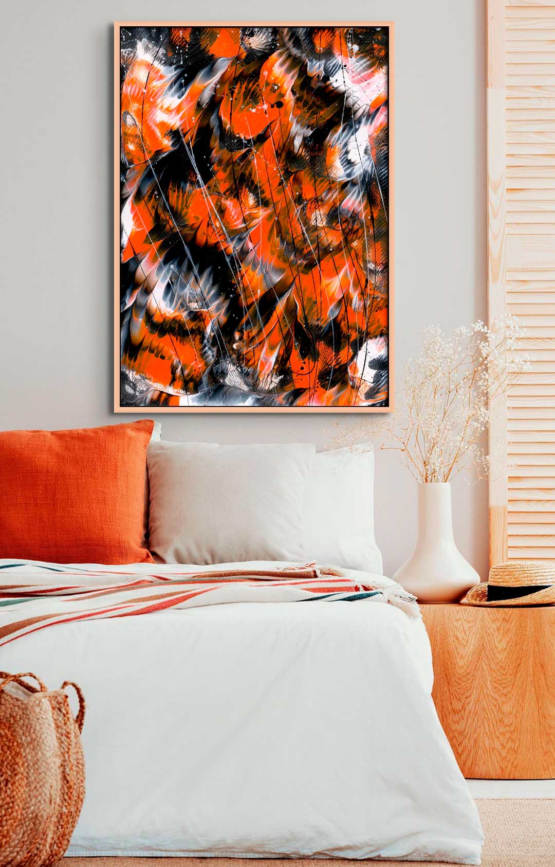 'Monarch 1' Canvas Fine Art Print framed in Solid Oak Timber and hanging Above a Bed. After the original abstarct painting , 'Monarch 1, Butterfly Series' by Bridget Bradley.