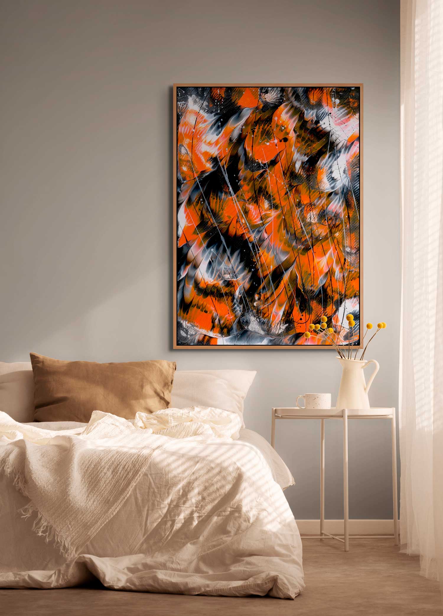 'MOnarch 1'  Large Canvas Print with Oak Frame seen hanging in bedroom above side table. After original artwork, Monarch 1  Butterfly Series by Bridget Bradley, Abstract Artist, Queensland