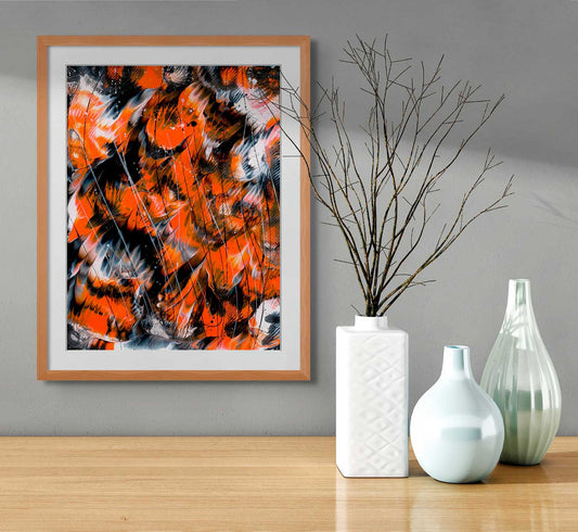 'Monarch 1' Original Abstract painting on Paper by Bridget Bradley seen in Oak Frame Near White Vases. Contemporary Abstract Art For Sale