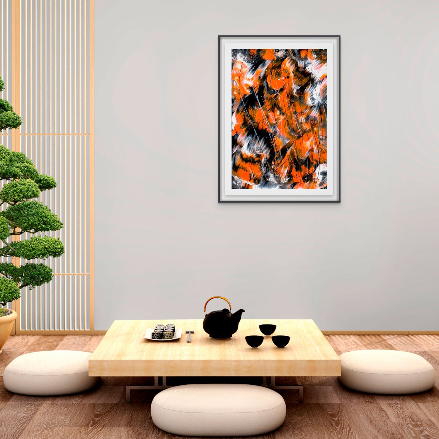 'Monarch 1' Paper print framed in black and seen hanging in room with Japanese style décor.Print is after the original painting by Bridget Bradley, Abstratc Expressionist Artist.