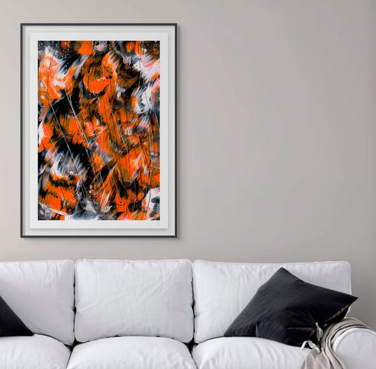 'Monarch 1' Paper P with white border seen framed in black and hanging in situ aove a white sofa. Print after the original abstratc painting by Bridget Bradley.rint