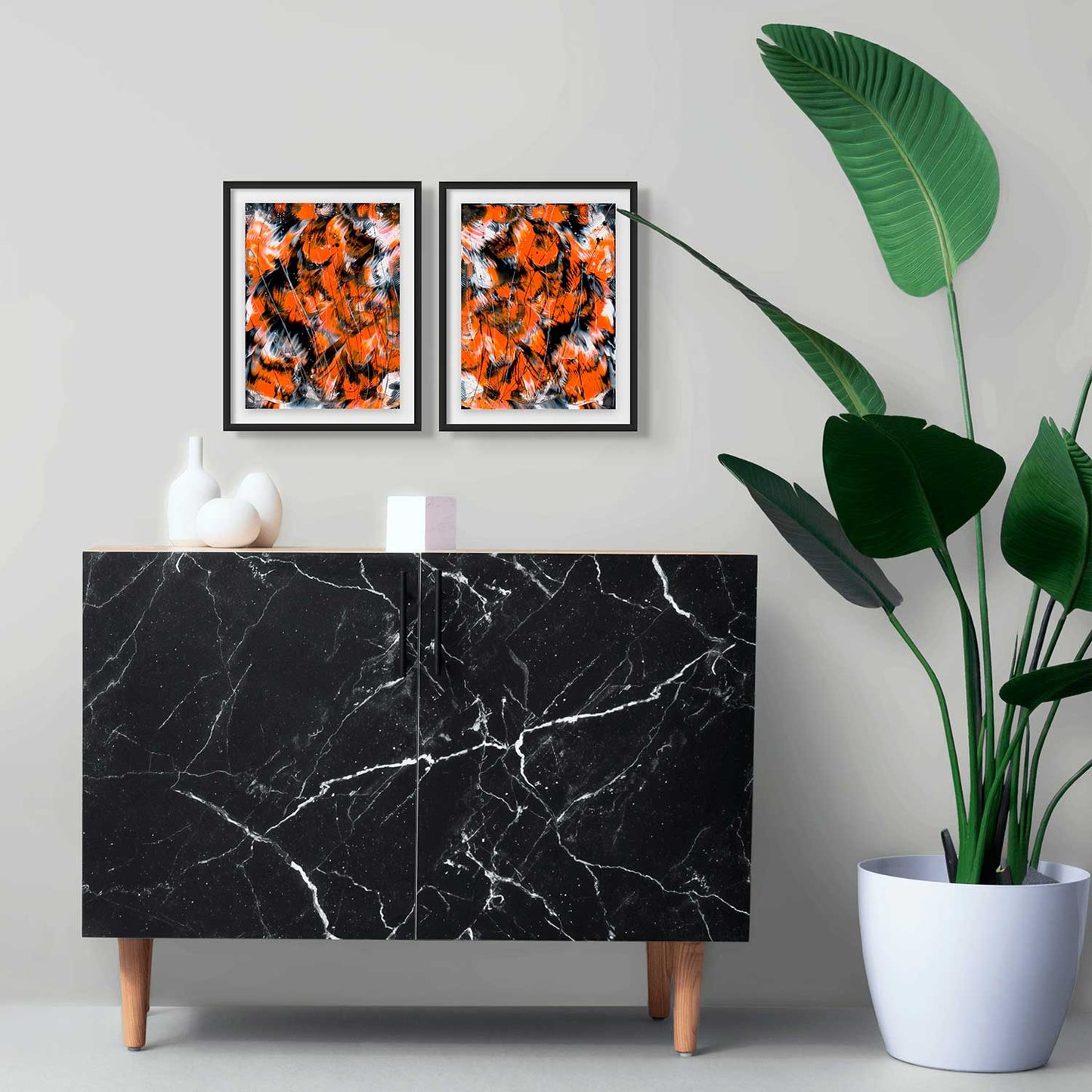 'Monarch 1' and 'Monarch 2' Butterfly Series, Original Paintings on Paper by Bridget Bradley seen side by side framed in blac and hanging above marble console with pot plant. Buy pair to complete the look