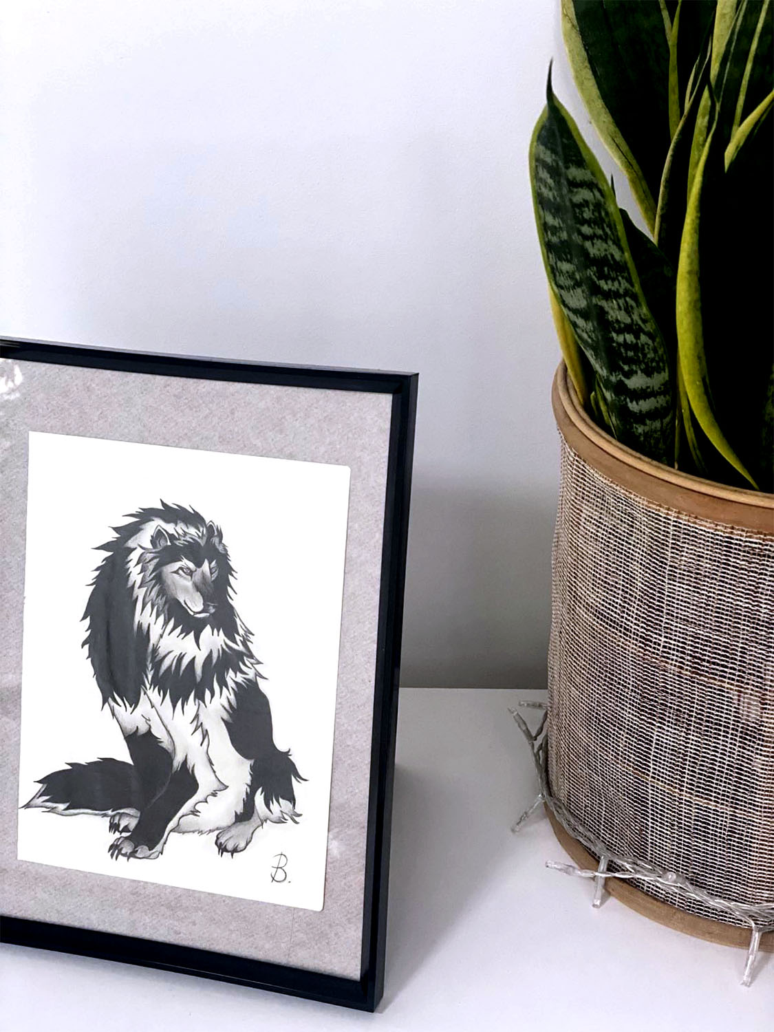 'Mythical Wolf' Original Graphite Pencil Art on Paper by Bridget Bradley, Commissioned Drawing Seen In Situ and Framed in Black. Discover more of Bridget's Illustrations