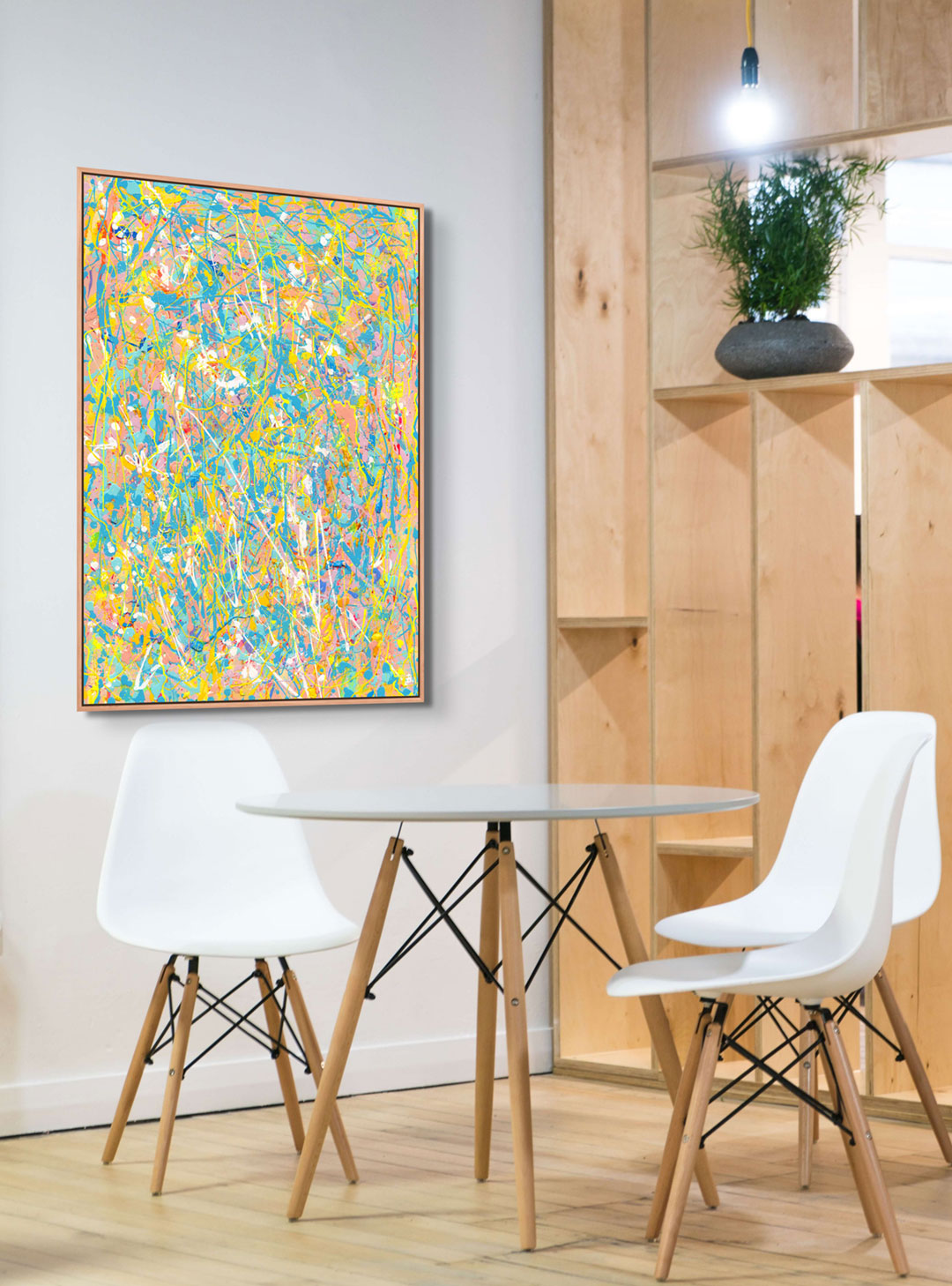 'Naked' Fine Art Canvas Print seen in Solid Oak Float Frame Hanging in Dining Area Above Table and White Chairs. Large Fine Art print after the Original Painting by Bridget Bradley