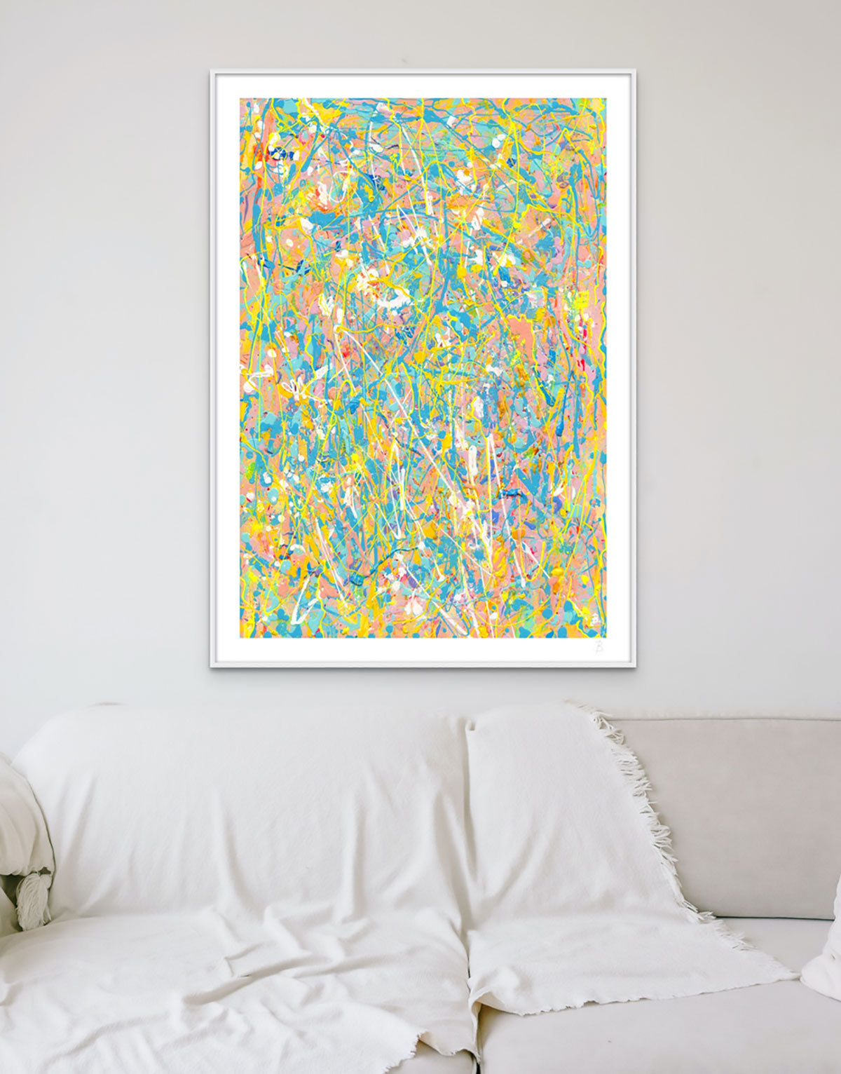 'Naked' Fine Art Print seen when Framed in Solid White Shadow Box Frame Hanging Above a Beige Sofa with Throw. Lareg Fien Art Prints Available framed or Unframed Options