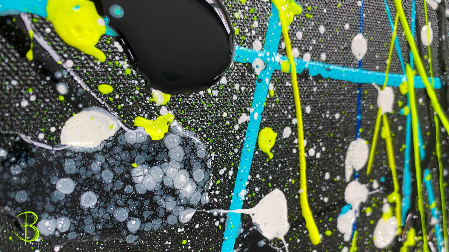 Closeup Image of Bridget Bradley's Abstract Artwork on Canvas. Black background with silver, white, blue and neon yellow marks