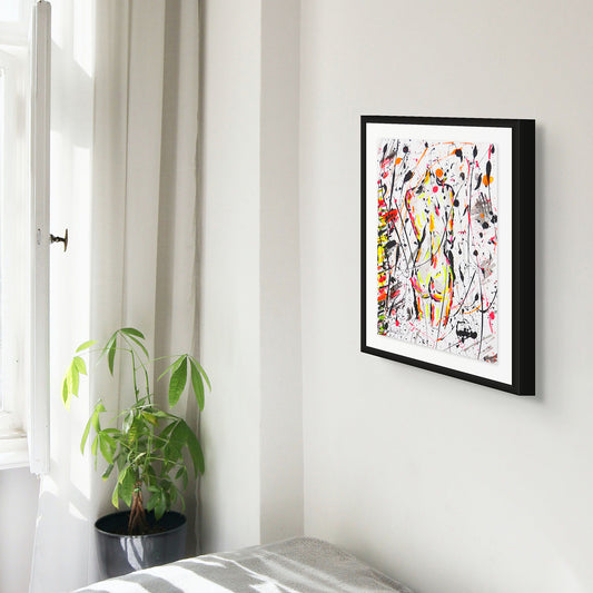 'Nude I' Original Abstract Mixed Media Painting on Paper by Bridget Bradley. Seen with modern black frame hanging in a bedroom. Learn more.