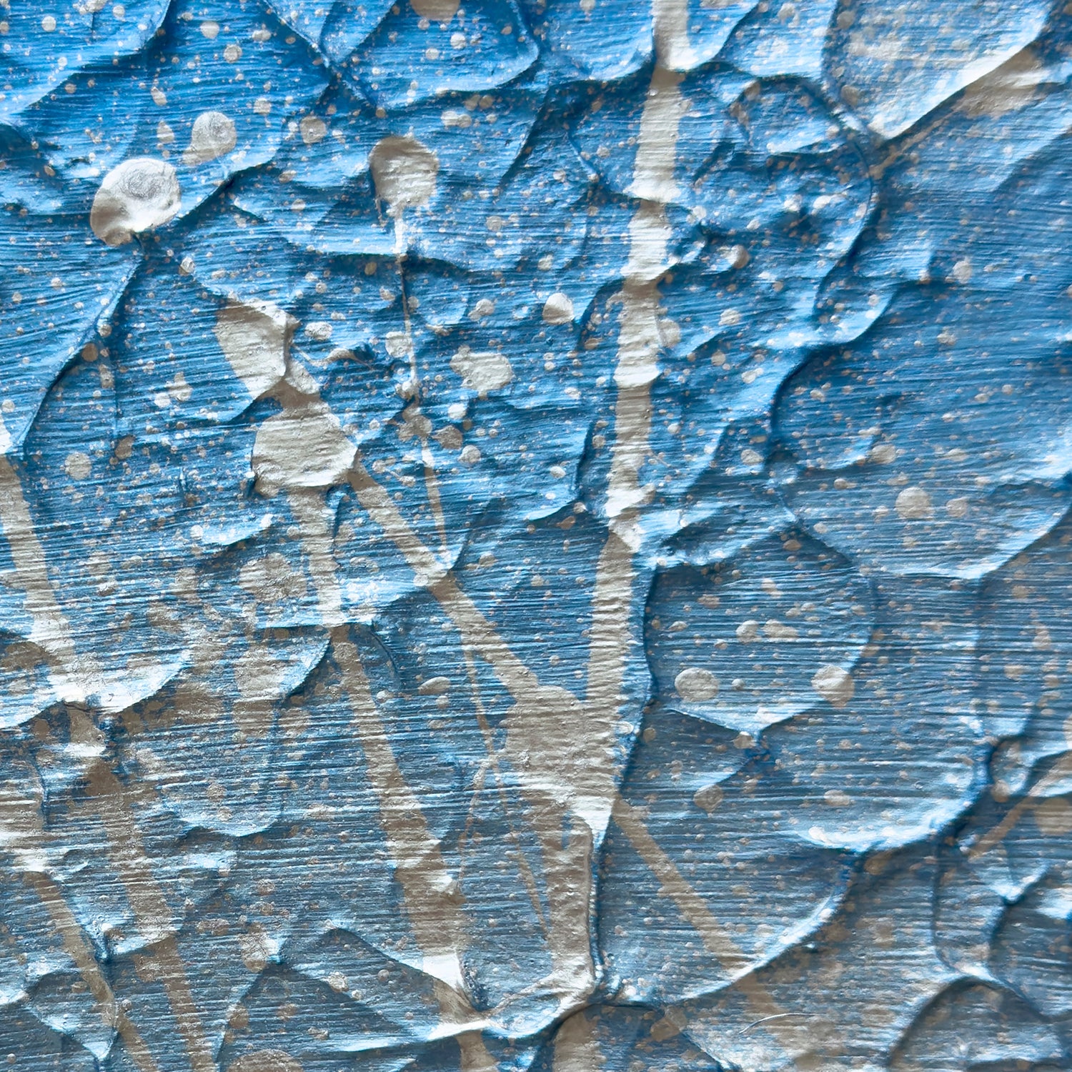 'Ocean Mist' abstract expressionism textured original painting by Bridget Bradley, showing calm blue hues with textural movement and silver marks up close. Learn more.