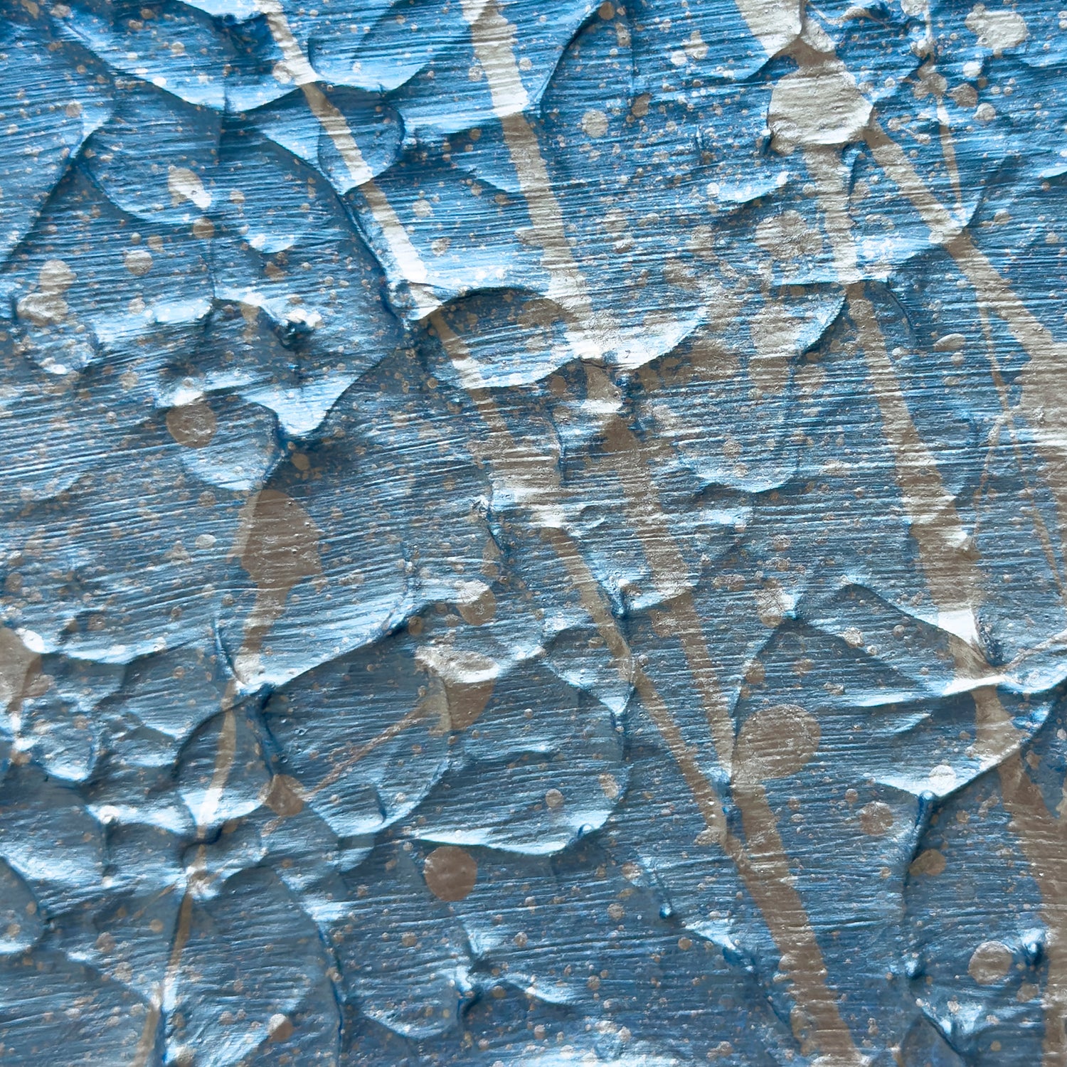 'Ocean Mist' Closeup of blue and silver silky textures on original abstract expressionism painting by Bridget Bradley. Discover more.