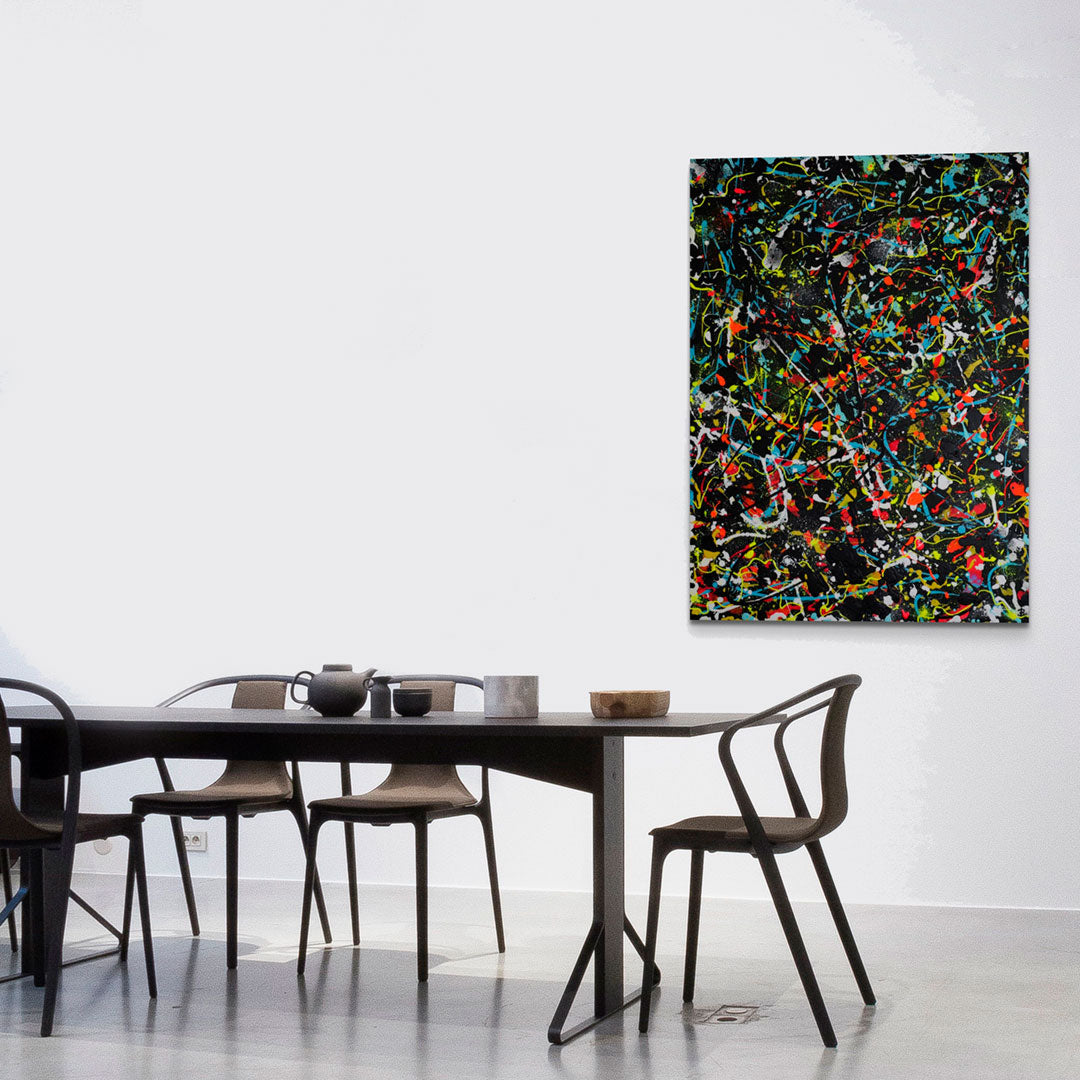 Onyx, Colourful, textured, Original Abstract Painting seen without External Frame Seen Hanging in Modern Dining Room. Hand painted by Abstract Artist, Bridget Bradley