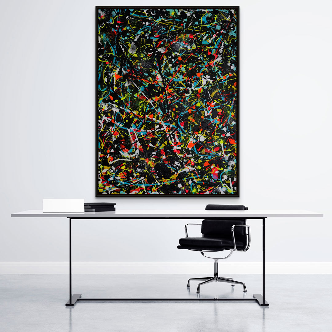 Onyx original Abstract with Black Float frame seen hanging in Modern Office Space with Desk and Black Leather Office Chair. Painted by Bridget Bradley, Abstract Expressionist Artist, Australia