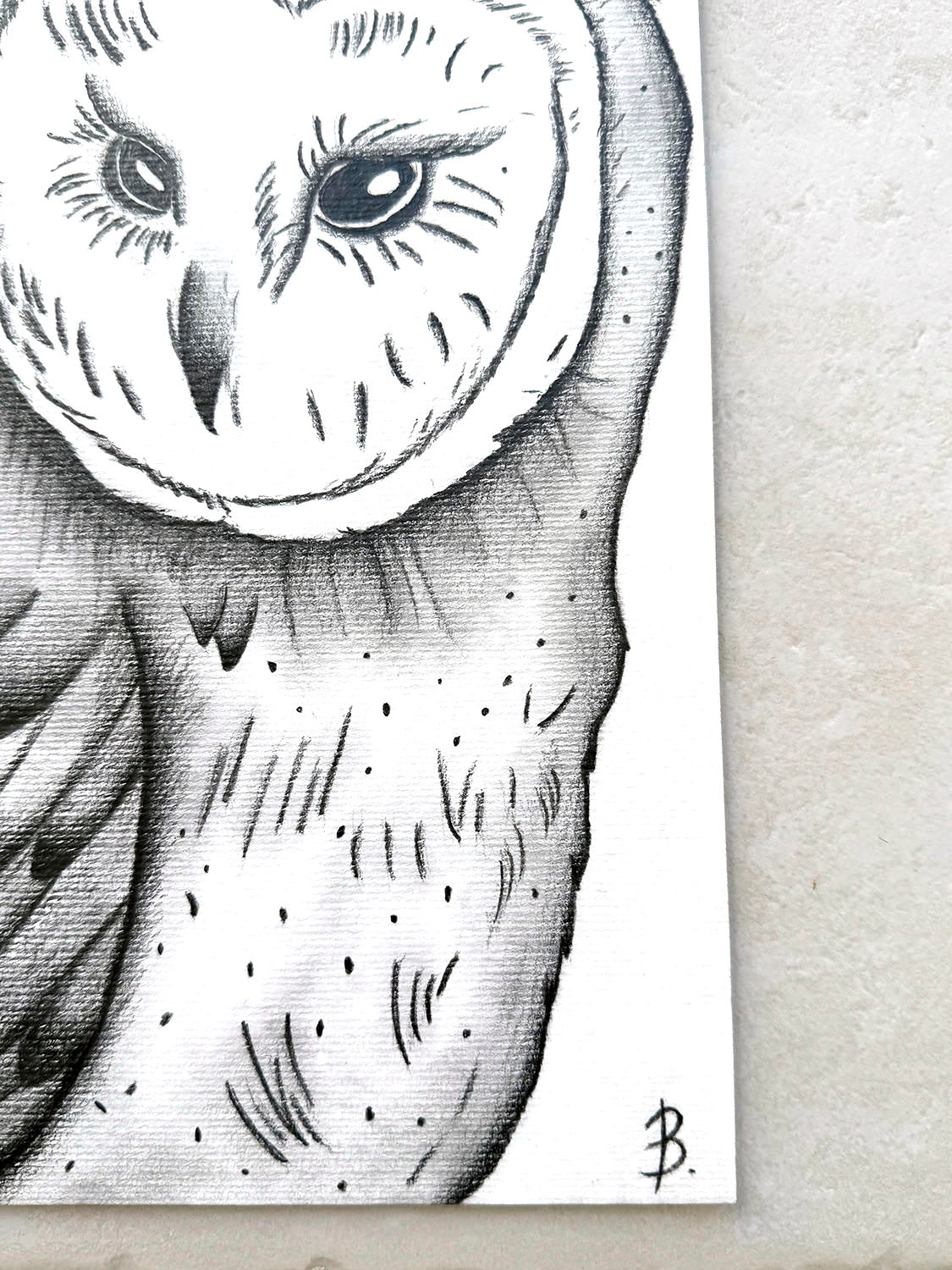 'Owl' Graphite Pencil Art by Bridget Bradley, Owl Face Closeup. Fine Art Drawing