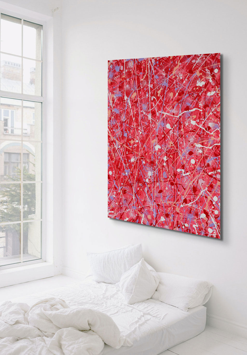 'Passsion' original Abstract painting unframed hanging in a white bedroom. Pianed on canvas by Abstract Expressionist Artist, Bridget Bradley