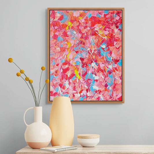 'Pink Lake' Original Abstract painting on Canvas by Bridget Bradley, seen framed in solid timber oak frame above vases. Sold unframed.