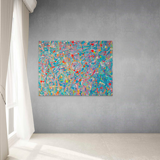 Seeking, Large original, abstract painting seen on concrete wall by sheer white curtain. Art is bright colours with neon pinks yellow and ornages. Painted by Bridget Bradley, Australia.