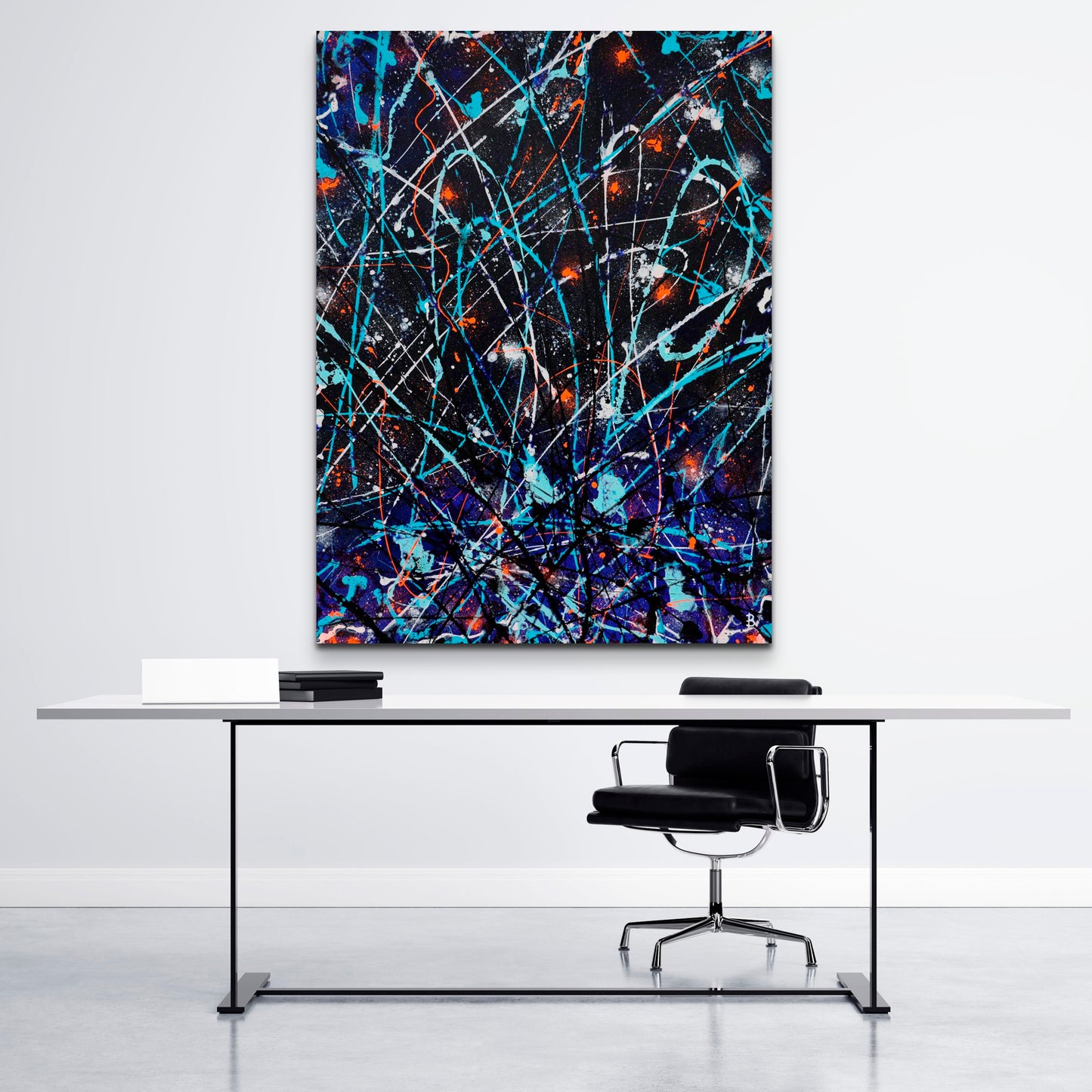 'Satellite' original Abstract Expressionism Painting by Bridget Bradley, seen hanging unframed in office space. Find out more