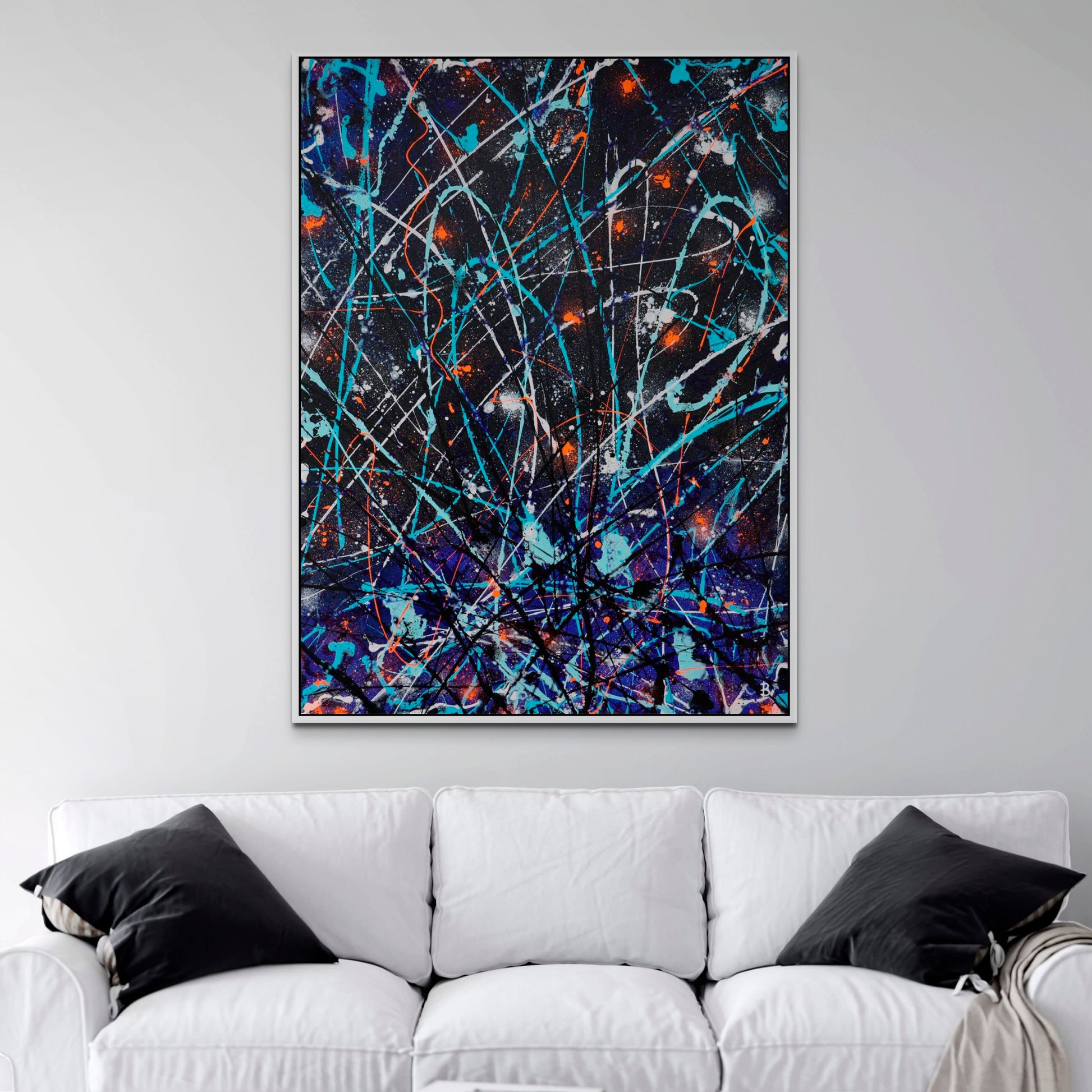 'Satellite'  Original Abstract Painting hand painted by Bridget Bradley.seen with White Float Frame Above Sofa