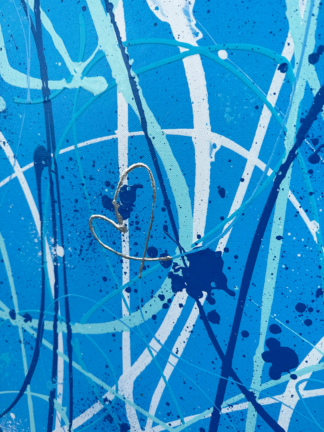 Silver Leaf heart on a section of the large original textured abstract expressionism painting by Bridget Bradley, contemporary abstract expressionist artist, Australia. © Copyright Bridget Bradley