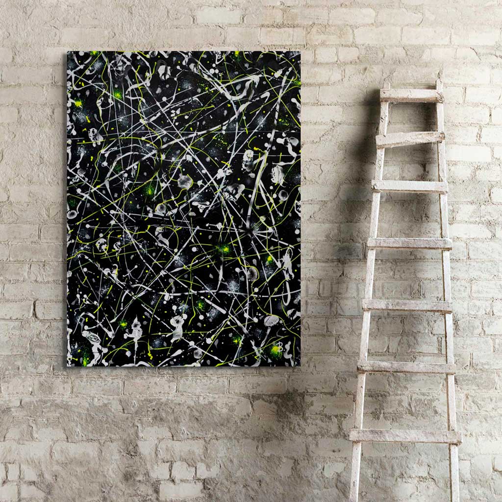 'Space Rock' original, contemporary abstract art by Bridget Bradley seen hanging in situ against a brick wall by a wooden ladder. Available to buy in my Art Gallery Online