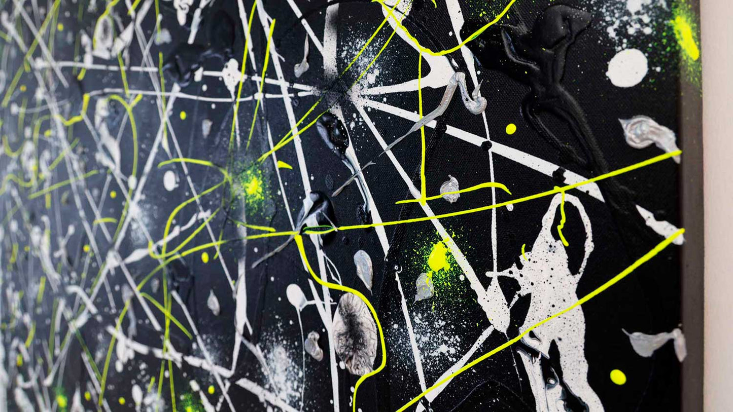 Space Rock Original Abstract Painting. Bold colour contrast and neon yellow with texture. Bridget Bradley Abstract Expressionist Artist