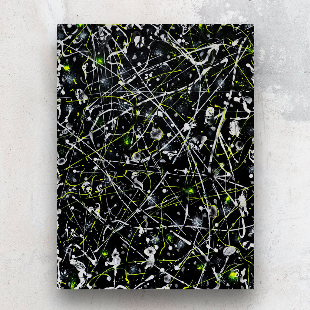 'Space Rock' large, heavy texture abstract painting on canvas, black background with white, grey and neon yellow marks. Hand painted by Bridget Bradley, contemporary Abstract Artist