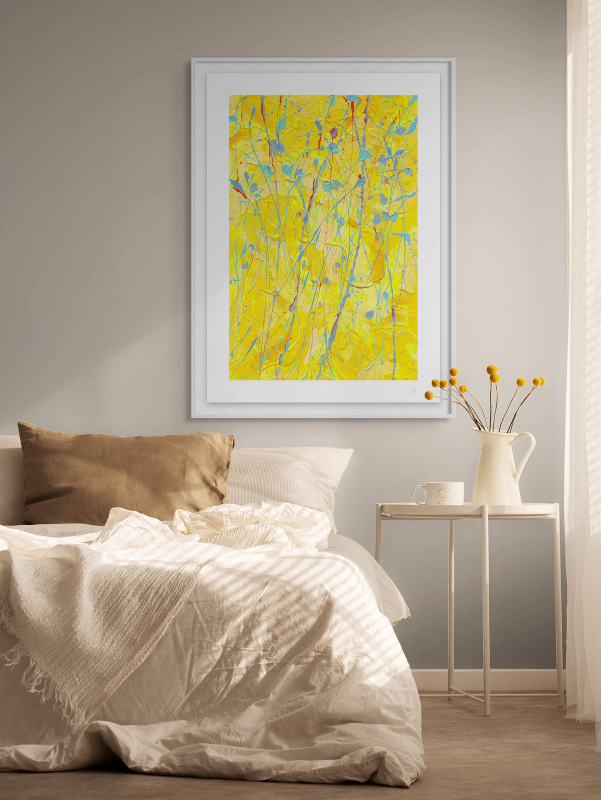 'Sunsflower' Fien Art Paper print Framed in White Hanging in Bedroom. Available unframed or framed, Learn more