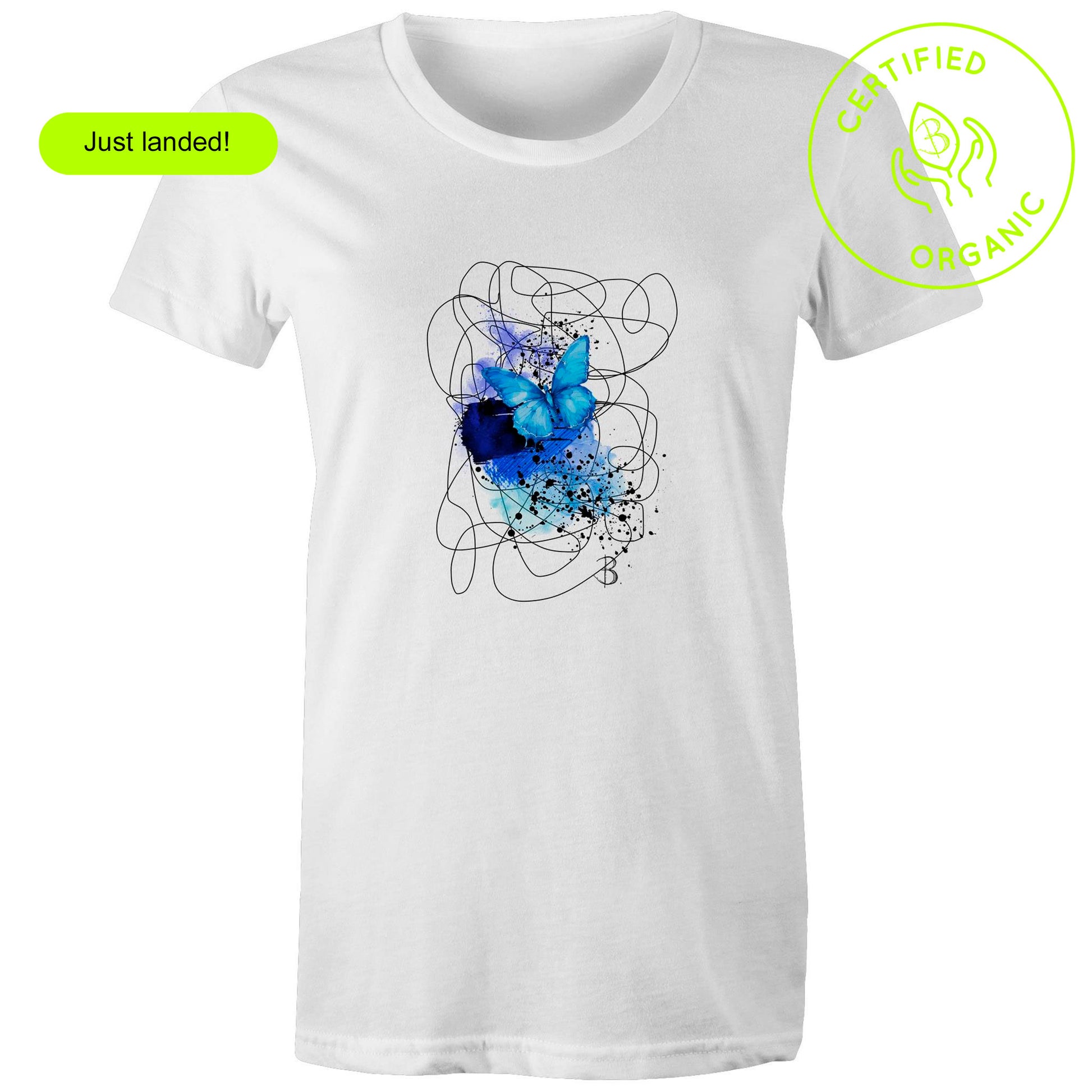 'Swatch Blue Women's Organic Tee' in White with Exclusive Print of a Blue Butterfly, designed by Bridget Bradley for B. Streetwear. Learn more