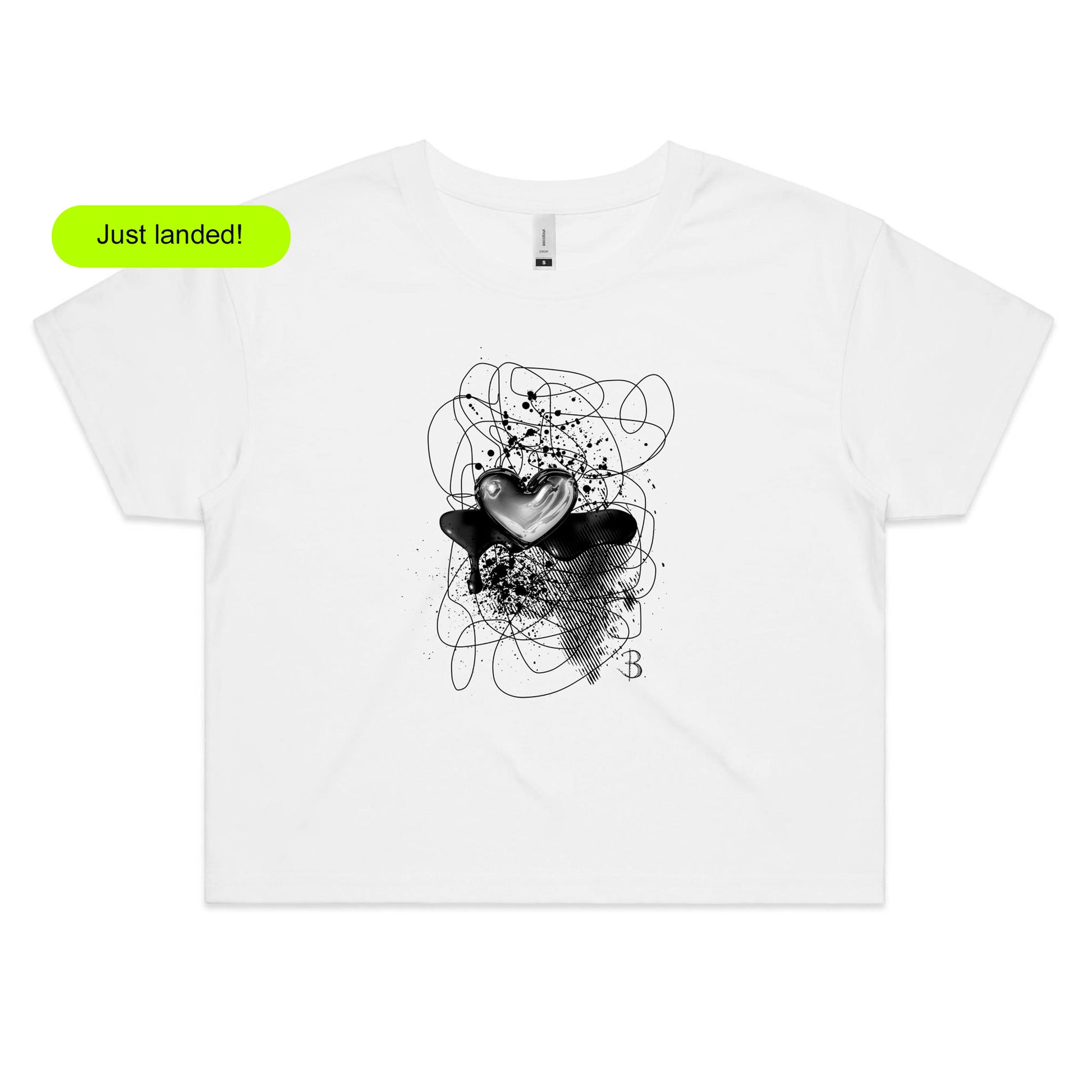 'Swatch Crop Top Tee Black Heart' , White 100% Cotton Crop Top with Front Print., Exclusive Graphic Tee Design by Bridget Bradley for B. Streetwear, Australia. Sizes XS-XL. Shop now!