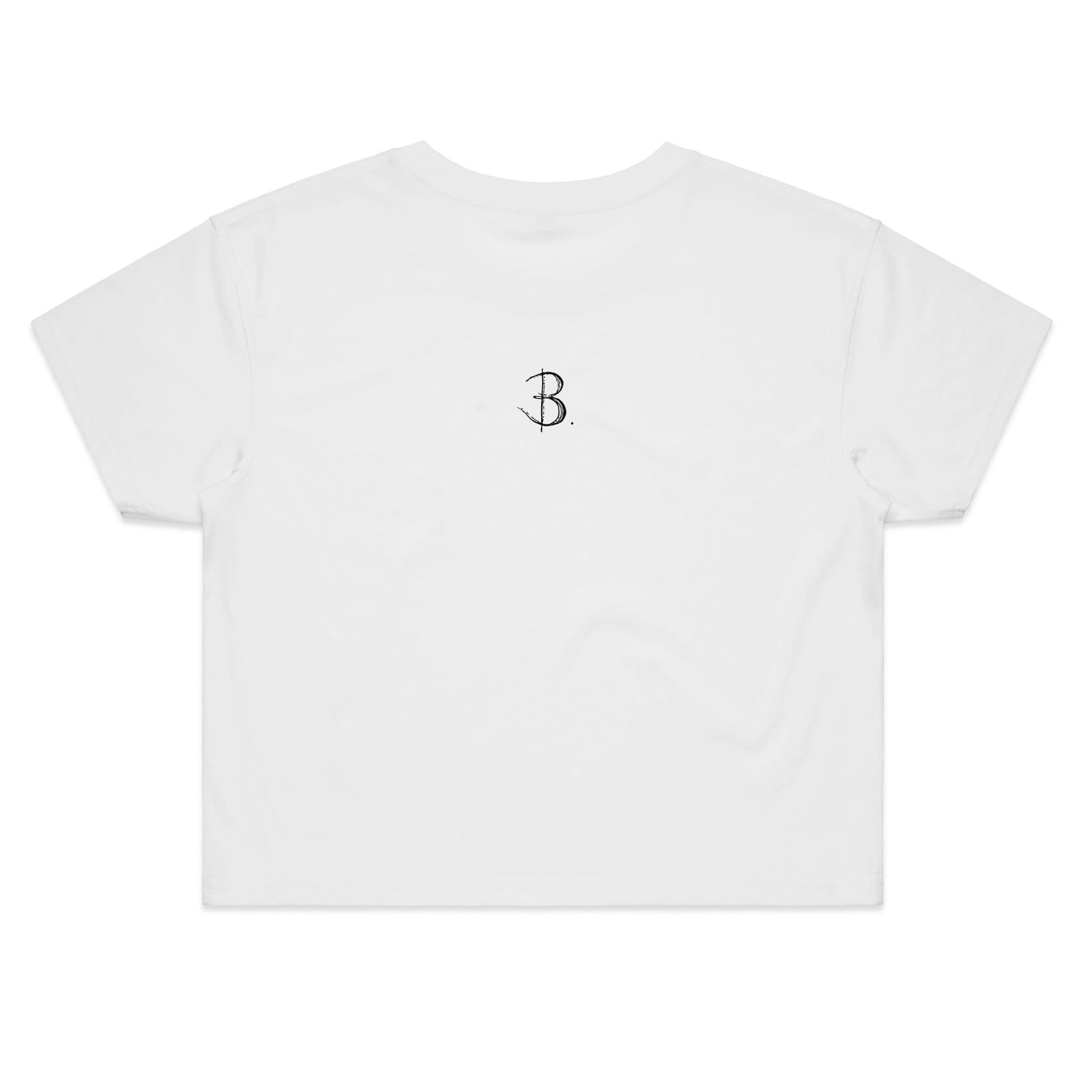 'Swatch Crop Top Tee Silver' Back with Minimla Black Logo designed by Bridget Bradley. Exclusive tees, produced from sustainable cotton. B. Streetwear, Ships from Australia