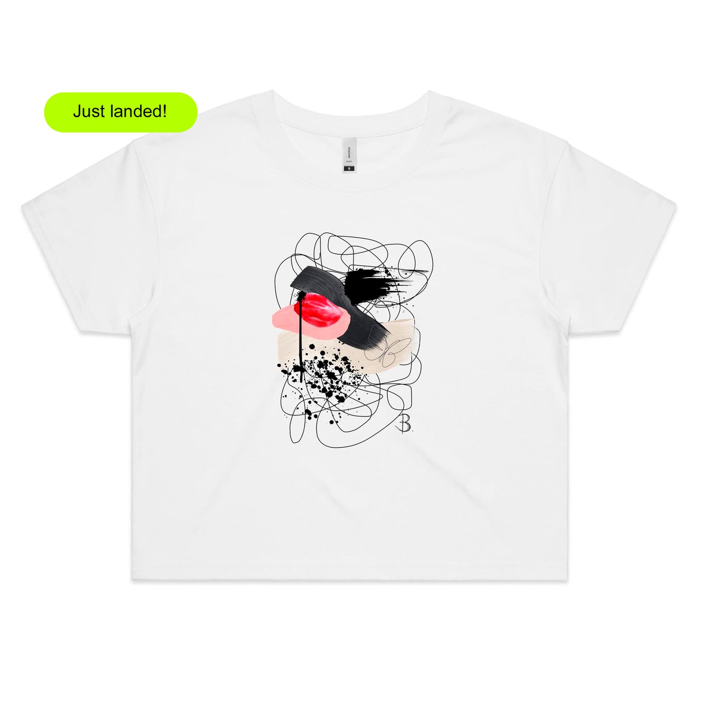 'Swatch Crop Top Tee Black and Pink' Front,Women's White Luxe Cotton Crop. with Exclusive Print Designed by Bridget Bradley for B. Streetwear. Sustainable Cotton Australia You'' Love to Wear. Find your Size now!
