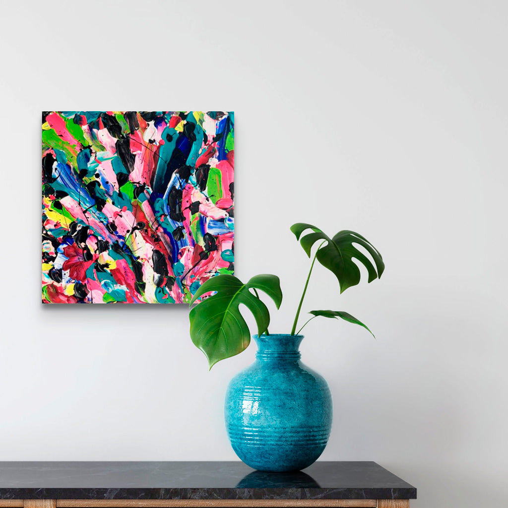 'Through The Glass', an abstract expressionism painting on canvas by Bridget Bradley. Brightly coloured and textural with action painting marks. seen in situ with blue vase
