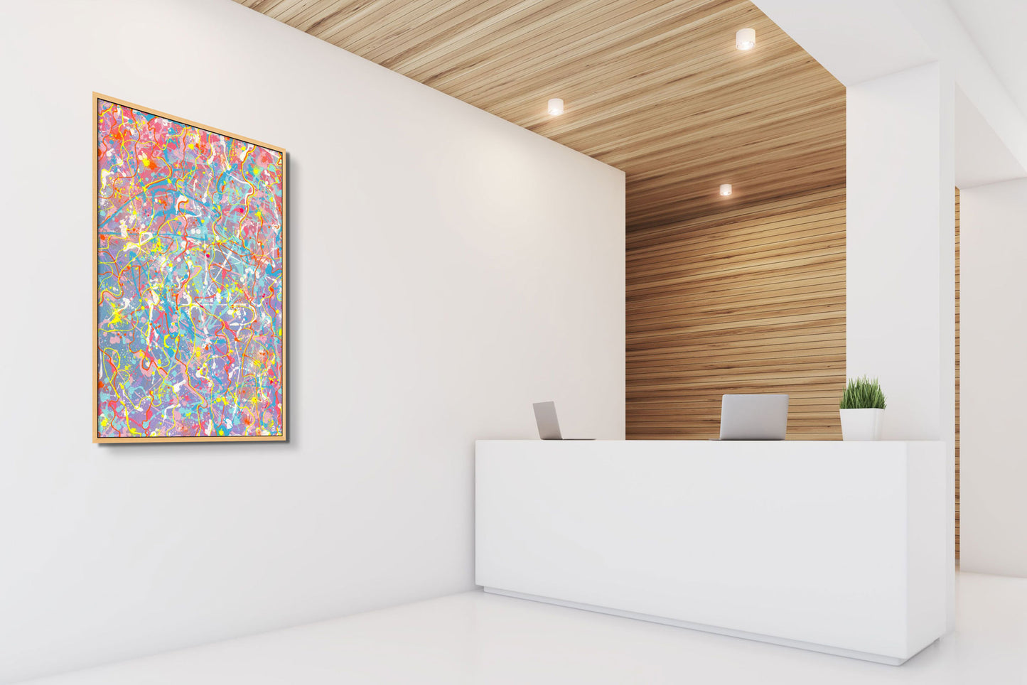 'Truth' Large, Canvas Fine Art print, framed in oak seen hanging in modern boutique hotel lobby. After the original abstract painting by Bridget Bradley