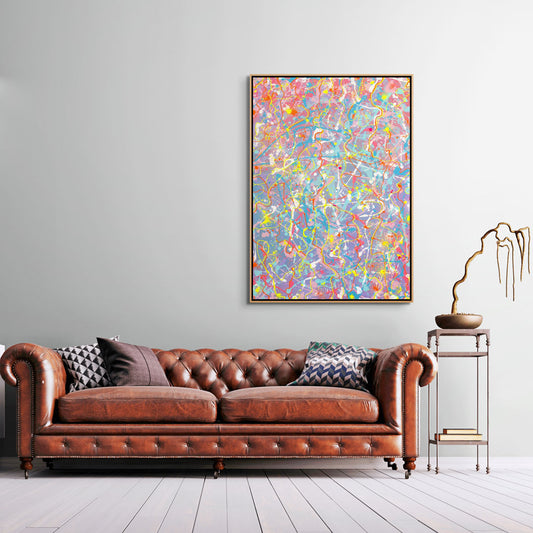 'Truth' Fine Art Canvas Print with Oak Timber Frame seen hanging above Tan leather Sofa. Learn more about this textures abstract expressionism print