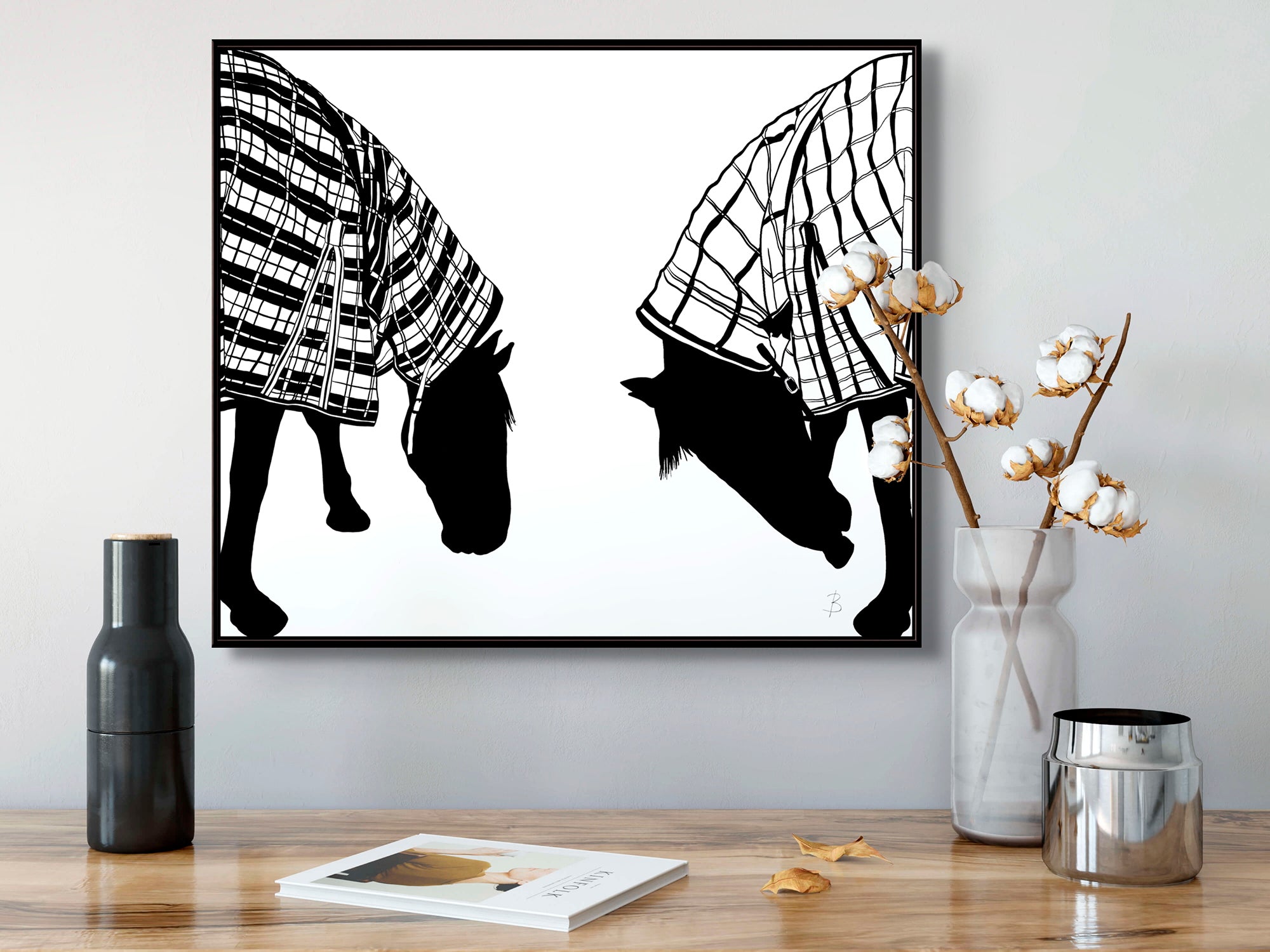 Image of 'Vanilla and Ice Cream Horse in Raincoats' Fine Art Horse Art on Canvas in Float Frame In Situ