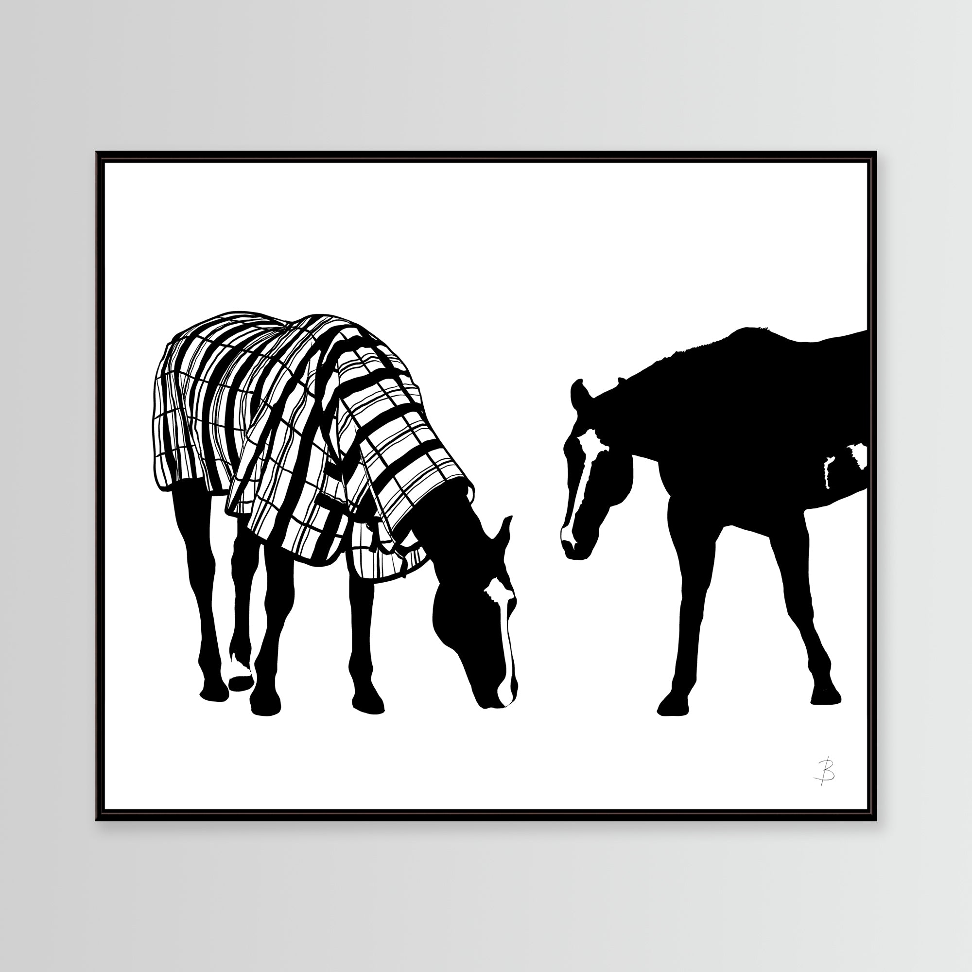 Framed artwork of two horses, one wearing a plaid blanket, on a white background. 'Where's My Raincoat?' Limited Edition Fine Art Print Black Frame. © Bridget Bradley Art