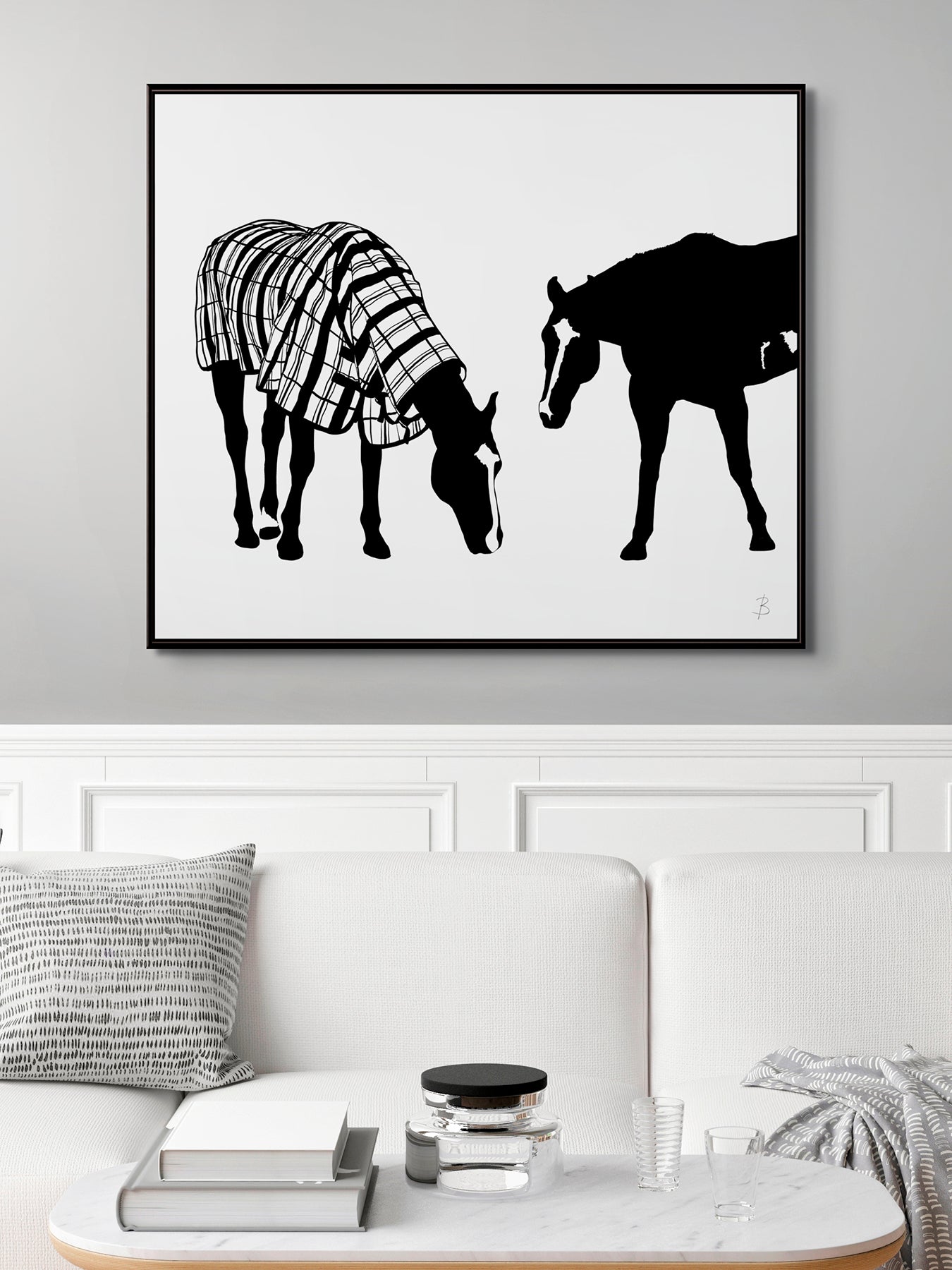 'Where's My Raincoat?' Horse Fine Art  In Black Float Frame Hanging on light grey wall with white decor. Limited Edition Prints. © Bridget Bradley Art