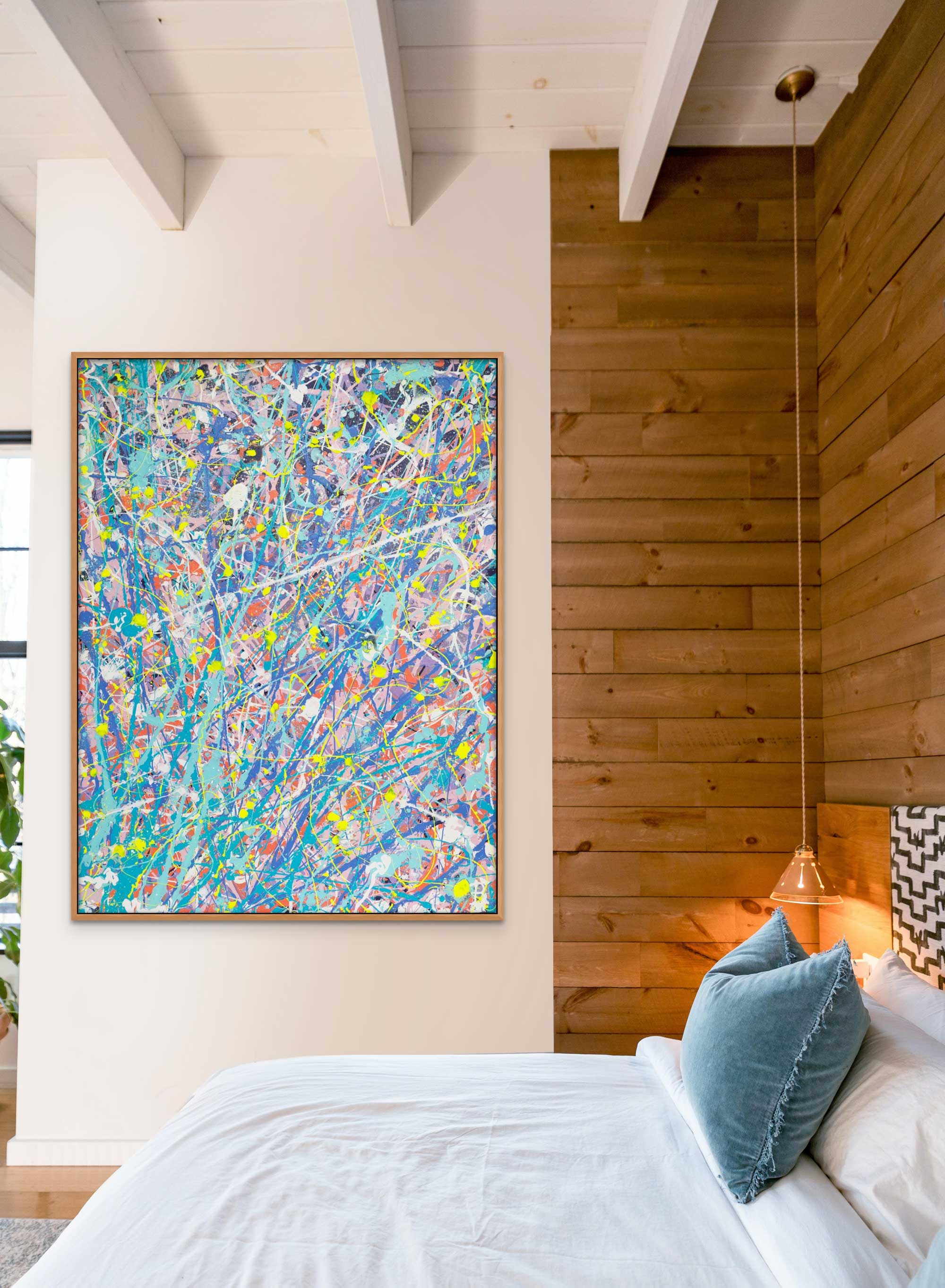 iridescence, original abstract expressionism painting  on canvas, in bright pastels with texture. Seen framed in oak float frame in bedroom. Painted by Abstract Expressionist Artist, Bridget Bradley